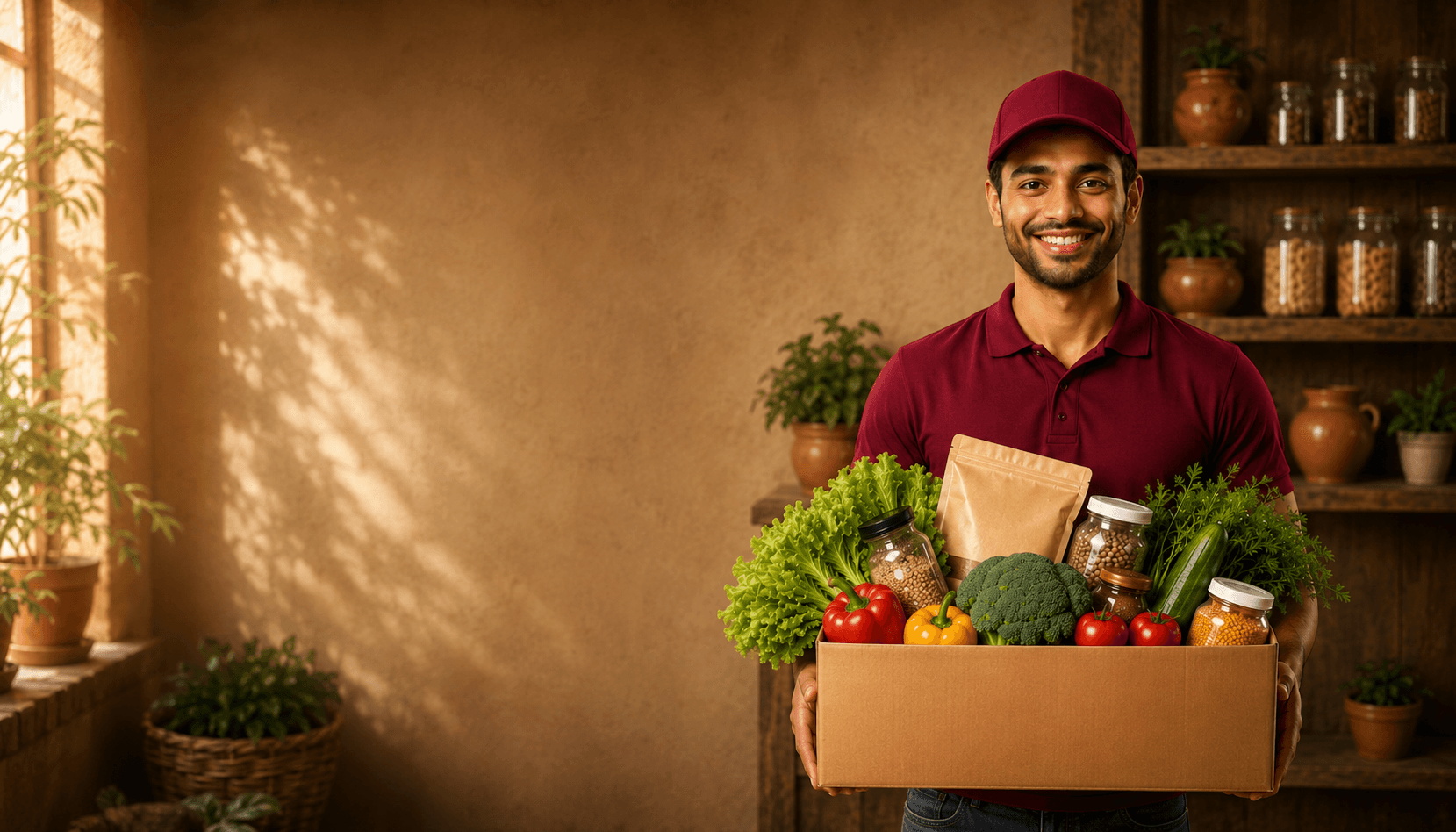 A smiling Nepali Garden delivery person holding a box of fresh Himalayan groceries